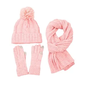 Pink knit winter set including beanie with pom-pom, scarf and touch screen gloves
