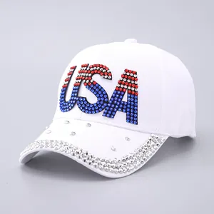 White cotton baseball cap with USA rhinestone design and crystal-embellished brim