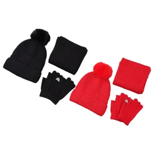 3-piece winter knit set for kids featuring pompom hat, neck warmer, and touch screen gloves