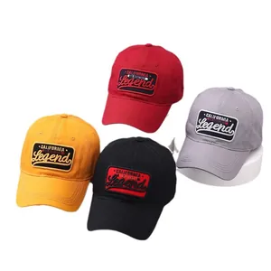 Cotton baseball caps with 3D Legend embroidery in yellow, red, black, and grey colors