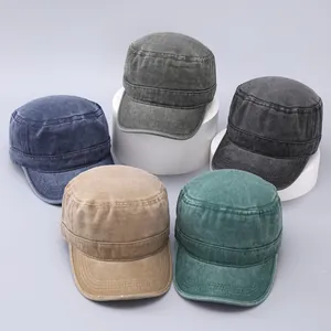 Detail view of washed cotton cadet caps in multiple vintage colors on display stands