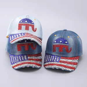 Close-up of rhinestone GOP elephant logo and American flag detail on denim cap