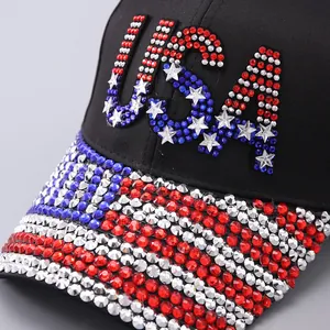 Close-up of sparkling USA rhinestones and American flag pattern on a black baseball cap