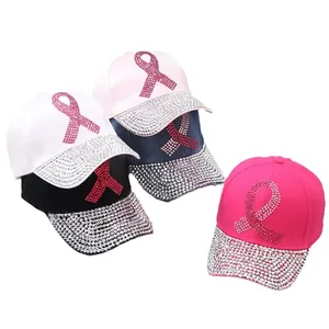 Sparkling rhinestone baseball caps with pink ribbon logo in various trendy colors