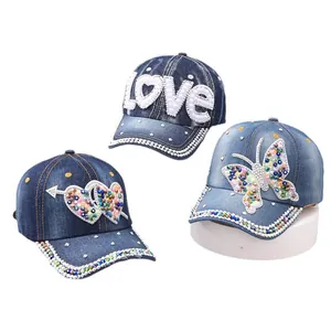 Denim baseball caps with rhinestones, butterfly patterns and LOVE bead embroidery