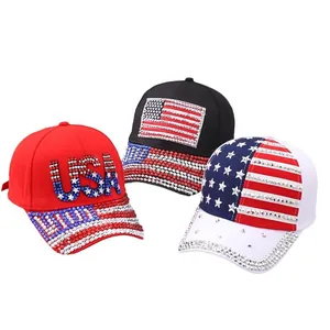 Three-piece rhinestone USA American flag baseball caps set in red, black and star patterns