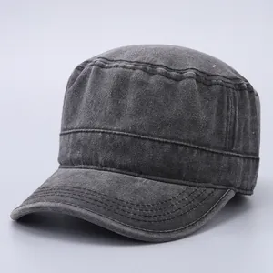 Detail view of washed grey cotton cadet cap with high-density canvas and reinforced stitching