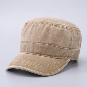 Detailed view of reinforced stitching on the brim of a vintage khaki washed cotton cadet hat