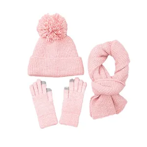 Pink 3-piece winter set with knitted hat, scarf, and touchscreen gloves in thick yarn