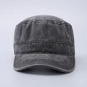 Detailed close-up of dark grey washed cotton cadet cap with reinforced stitching detail