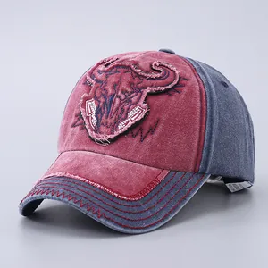 Retro washed denim baseball cap with bull skull embroidery in burgundy and navy blue