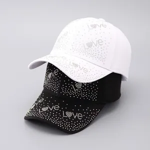 Cappello da Baseball da Donna con Lettere LOVE in Strass Regolabile in Cotone Denim con Motivo a Cuore Parasole Casual Luccicante