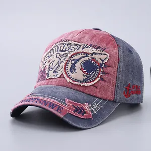 Vintage Washed Cotton Baseball Cap For Men Women Distressed Embroidery Bull Skull Shark Patch Retro Streetwear Trucker Hat