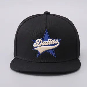 Detailansicht der blauen Stern- und weißen Dallas-Stickerei auf dieser schwarzen Hip-Hop-Cap