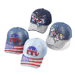 Denim baseball caps with rhinestone butterfly and elephant patriotic American flag designs