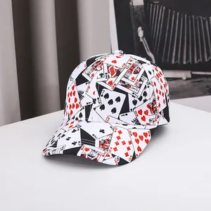 Modern white baseball cap featuring all-over playing card print on a display stand
