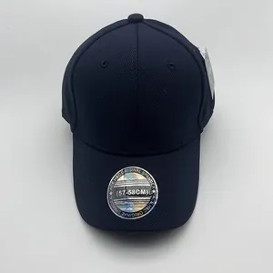 Front view of navy blue spandex baseball cap with laser sticker on 57-58cm brim