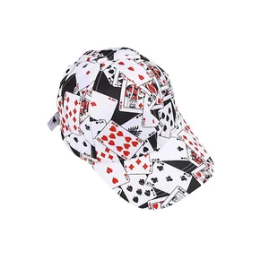 Classic baseball cap with poker card print featuring hearts and spades on white background
