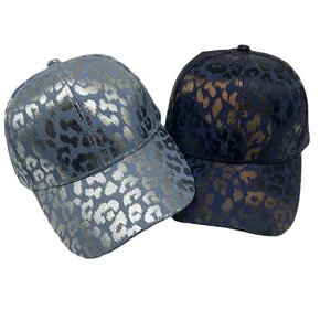 Fashionable baseball caps with gold leopard print and curved brim in two stylish blue colors
