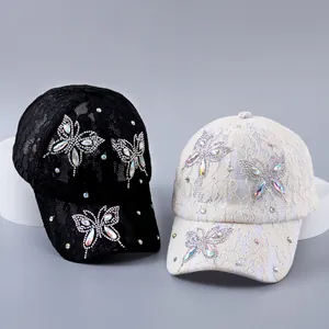 Damen Elegant Spitze Baseballkappe Strass Schmetterling Blume Atmungsaktiv Sonnenhut Verstellbar Mode Hohl Mesh Outdoor Hut