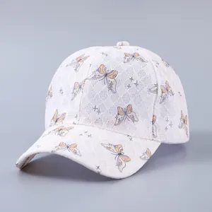 Lace baseball cap with butterfly decor and rhinestones, breathable sun hat for women