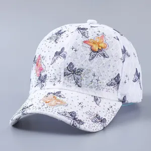 Women's Lace Butterfly Dragonfly Baseball Cap Rhinestone Breathable Summer Sunshade Adjustable Curved Brim Sweet Fashion Hat