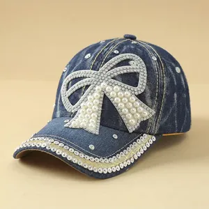 Fashion Denim Baseball Cap Rhinestone Artificial Pearl Bow Star Patch Washed Cotton Sun Hat For Women Adjustable Outdoor Travel Cap