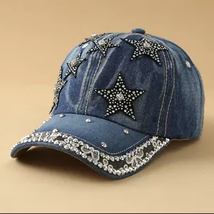 Denim baseball cap with sparkling rhinestones and star patches for a stylish look