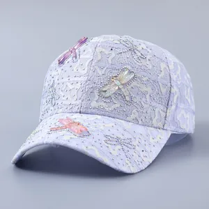Lavender lace baseball cap with 3D dragonflies and sparkling rhinestone accents
