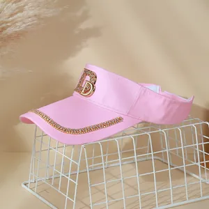 Breathable pink sun visor hat with rhinestone D-letter and wide brim for women