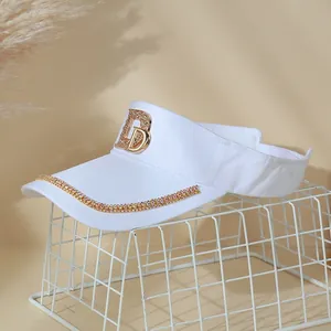 Breathable white sun visor with gold rhinestone D letter and wide brim for summer