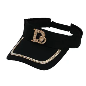 Women's black sun visor hat with rhinestone D-letter emblem and shimmering wide brim