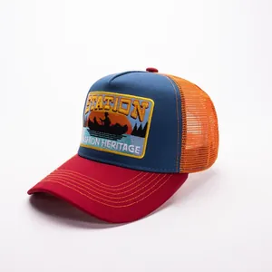 Cappello trucker vintage colorblock con ricamo aquila e rete arancione traspirante