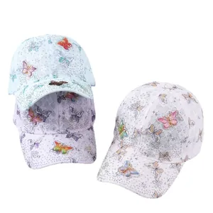 Breathable lace baseball cap with butterfly appliques and rhinestones in soft colors