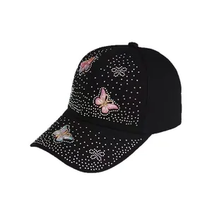 Sparkling rhinestone baseball cap with colorful butterfly embroidery on black cotton base