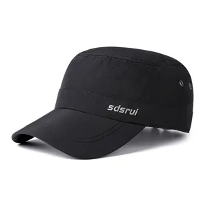 Close-up of black ripstop cadet cap with metal eyelets and silver logo detail