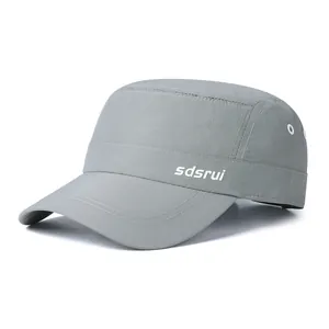 Detail of grey quick-dry cadet cap featuring side lettering and metal ventilation eyelets