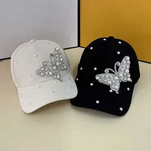 Women Elegant Butterfly Rhinestone Artificial Pearl Baseball Cap Fashion Polyester Sun Hat With Faux Artificial Pearls Decorative For Summer Travel