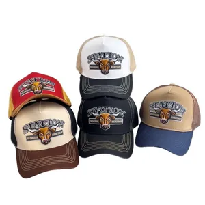 Cappellini trucker vintage in mesh con ricamo toro 3D e design snapback traspirante