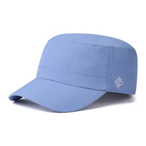 Close-up of light blue quick-dry cadet cap with side embroidery and textured fabric