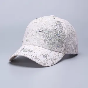 Lace rhinestone baseball cap for women with elegant crystal butterfly on curved brim