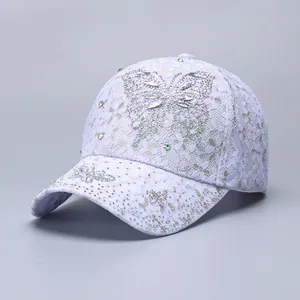 Elegant purple lace baseball cap featuring sparkling rhinestone butterfly details