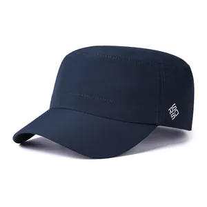 Detailed view of the dark blue cadet cap with white logo and durable textured fabric
