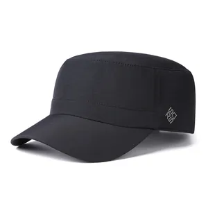 Minimalist black quick-dry flat top army cap with side embroidery for outdoor sports