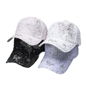 Breathable lace baseball cap with rhinestone butterfly design in four assorted colors