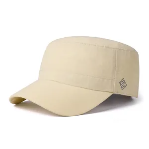 Detail of beige flat top army cap with gray UDRU logo and textured ripstop fabric
