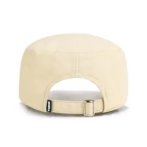 Detail of adjustable silver buckle and quick-dry ripstop fabric on beige military cap