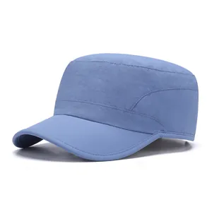 Detail view of quick-drying light blue flat top army cap with clean stitching and fine texture