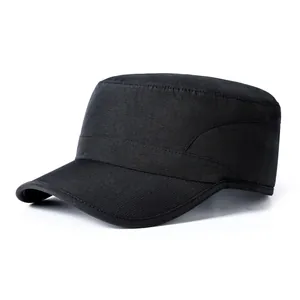 Detailed side view of black flat top military cap with reinforced stitching texture