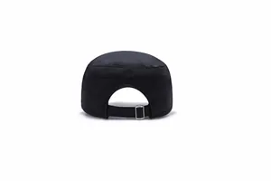Detail view of the black cadet hat back with adjustable strap and metal buckle